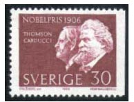 Francobollo commemorativo di Carducci e J.J. Thomson, Nobel per la Fisica 1906, emesso dalle poste svedesi.