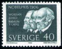 Francobollo commemorativo dei due Nobel per la Medicina e del Nobel per la Chimica 1906, H. Moissan, emesso dalle poste svedesi.