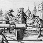 Tavola raffigurante due artiglieri, istruiti da un terzo, alle prese con la misurazione del calibro dei cannoni
