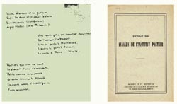 (a sinistra)<br/>Una poesia di Bovet degli anni Settanta, nella quale ironizza sui suoi frequenti spostamenti da un laboratorio all'altro.<br/><br/>(a destra)<br/>Estratto di una pubblicazione scientifica di Bovet degli anni Trenta.