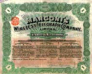 Azione della Marconi Wireless Telegraph Co. of America emessa nel 1919.
